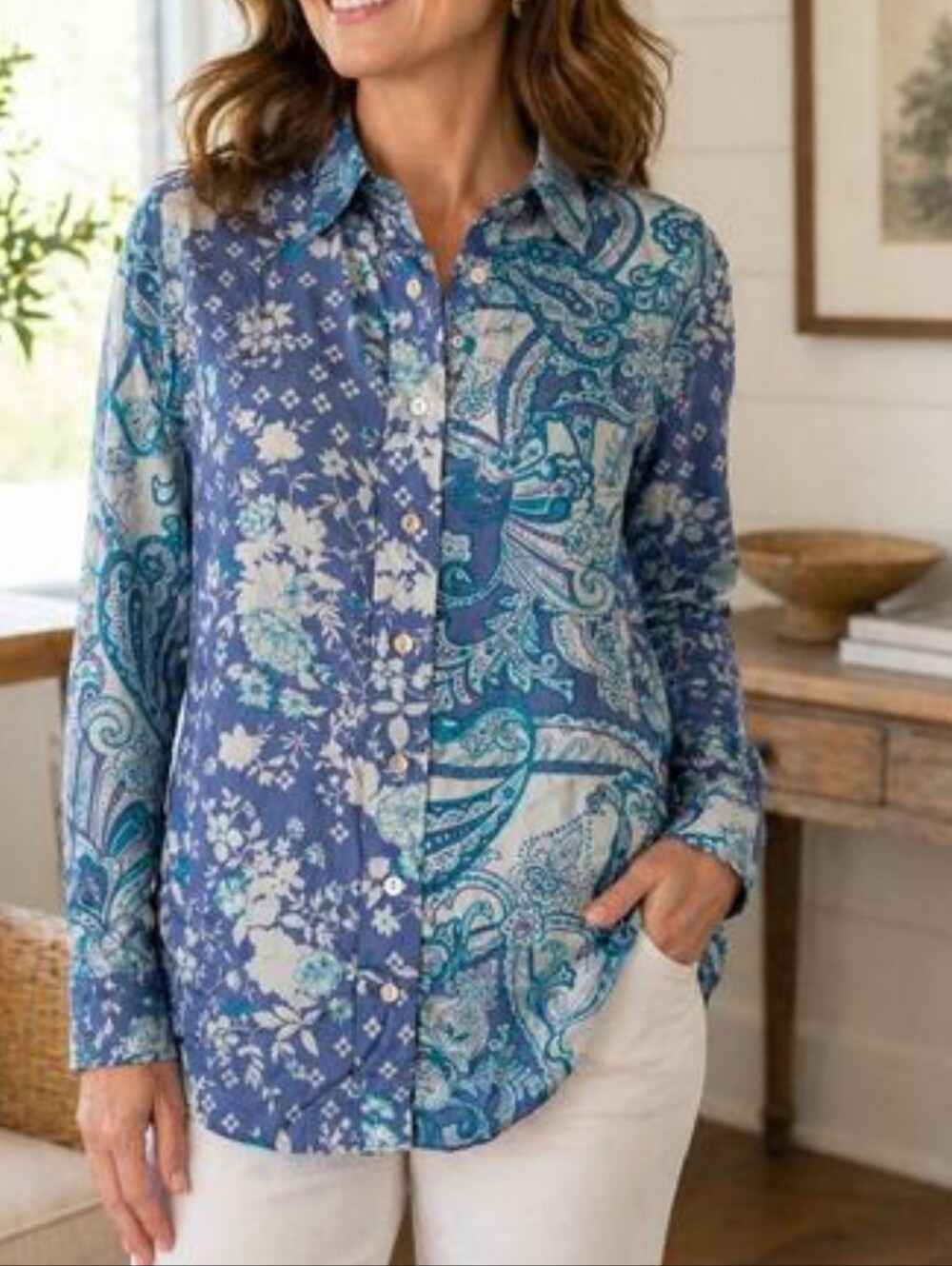 Coldwater Creek Blue Mixed Floral & Paisley Button-Down Shirt